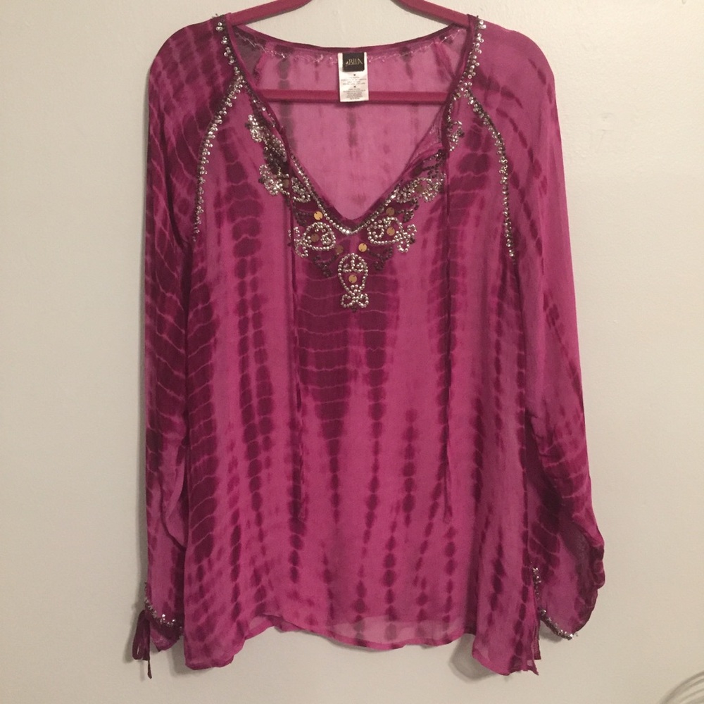 BIIA Tie Dye Beaded Sheer Top Beach Coverup